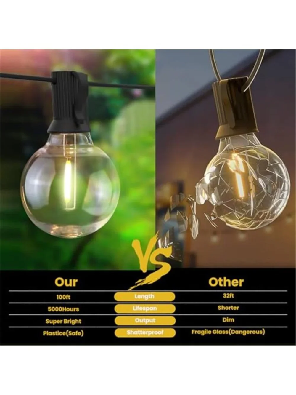 Solar Outdoor String Lights G40 Patio Waterproof Dimmable Remote USB Black Bulbs